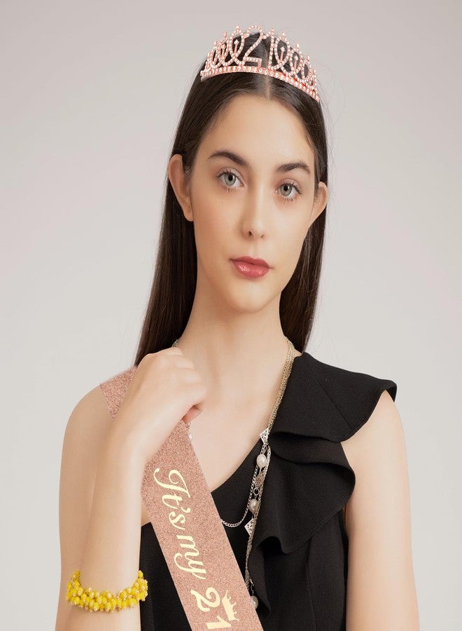 CAVETEE 21st Birthday Crown for Women, Rose Gold Tiara and Sash - Rhinestone Crown, 21st Happy Birthday Decorations for Party Favor - Image 5