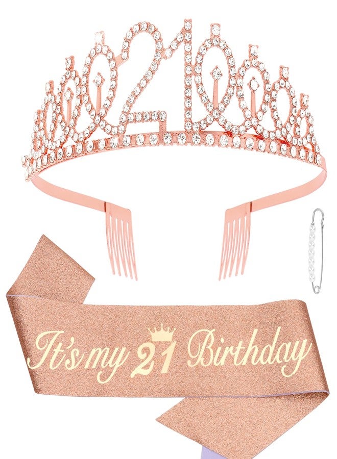 CAVETEE 21st Birthday Crown for Women, Rose Gold Tiara and Sash - Rhinestone Crown, 21st Happy Birthday Decorations for Party Favor - Image 1