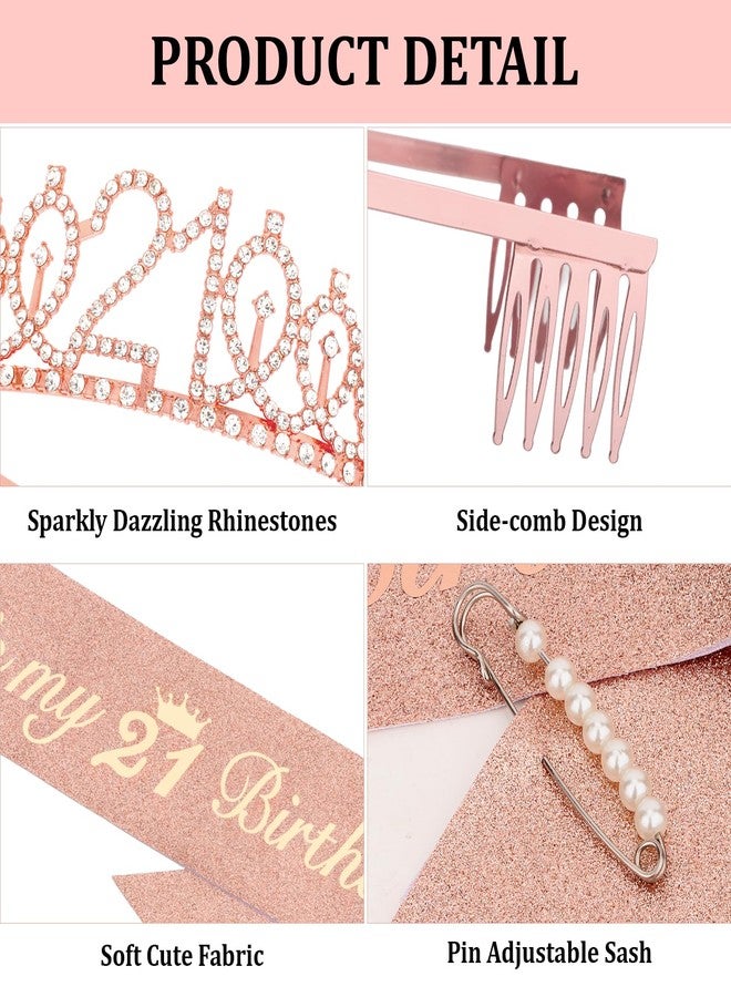 CAVETEE 21st Birthday Crown for Women, Rose Gold Tiara and Sash - Rhinestone Crown, 21st Happy Birthday Decorations for Party Favor - Image 4