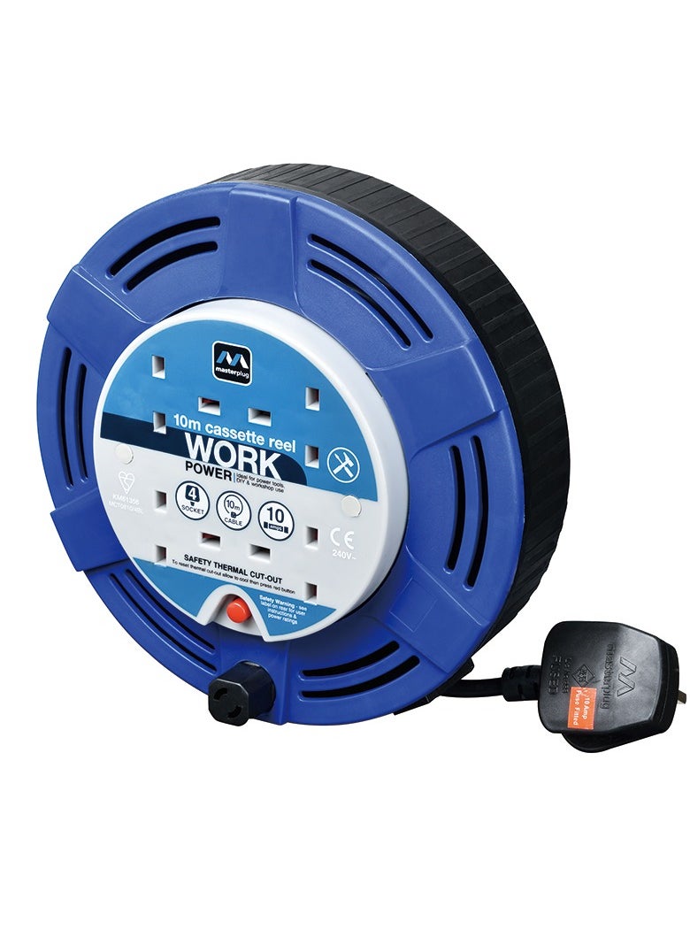 MASTERPLUG - Masterplug MCT1010/4BL-MP Four Socket Cassette Reel Extension Lead, 10 Metres, Blue - Image 1