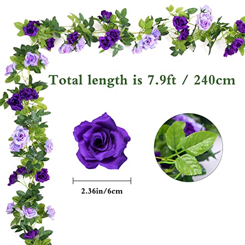 Kisflower 3Pack Artificial Rose Flower Garland, 23.7FT Fake Vines Silk Flowers Hanging Rose Ivy for Wedding Arch Decorations Room Party Home Garden Hotel Office Wall Decor (Purple) - Image 2