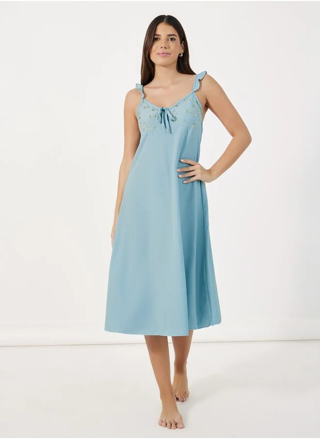 ستايلي Embroidered Ruffle Shoulders Slip Dress & Robe Set