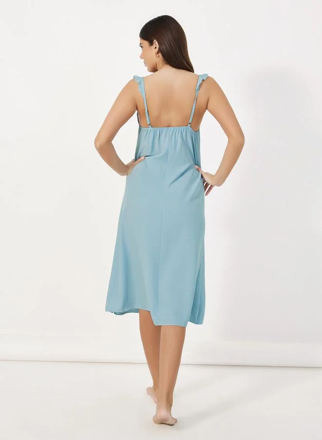 Styli Embroidered Ruffle Shoulders Slip Dress & Robe Set