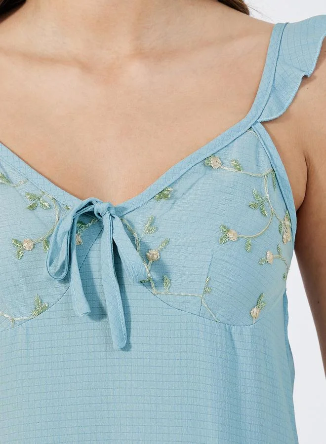 Styli Embroidered Ruffle Shoulders Slip Dress & Robe Set