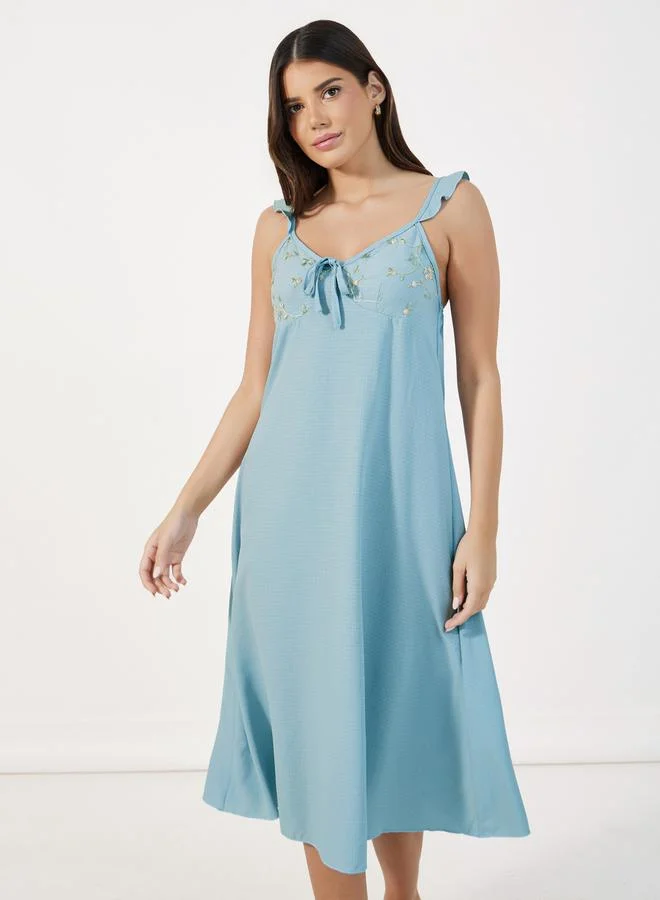 Styli Embroidered Ruffle Shoulders Slip Dress & Robe Set