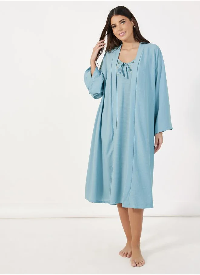 ستايلي Embroidered Ruffle Shoulders Slip Dress & Robe Set