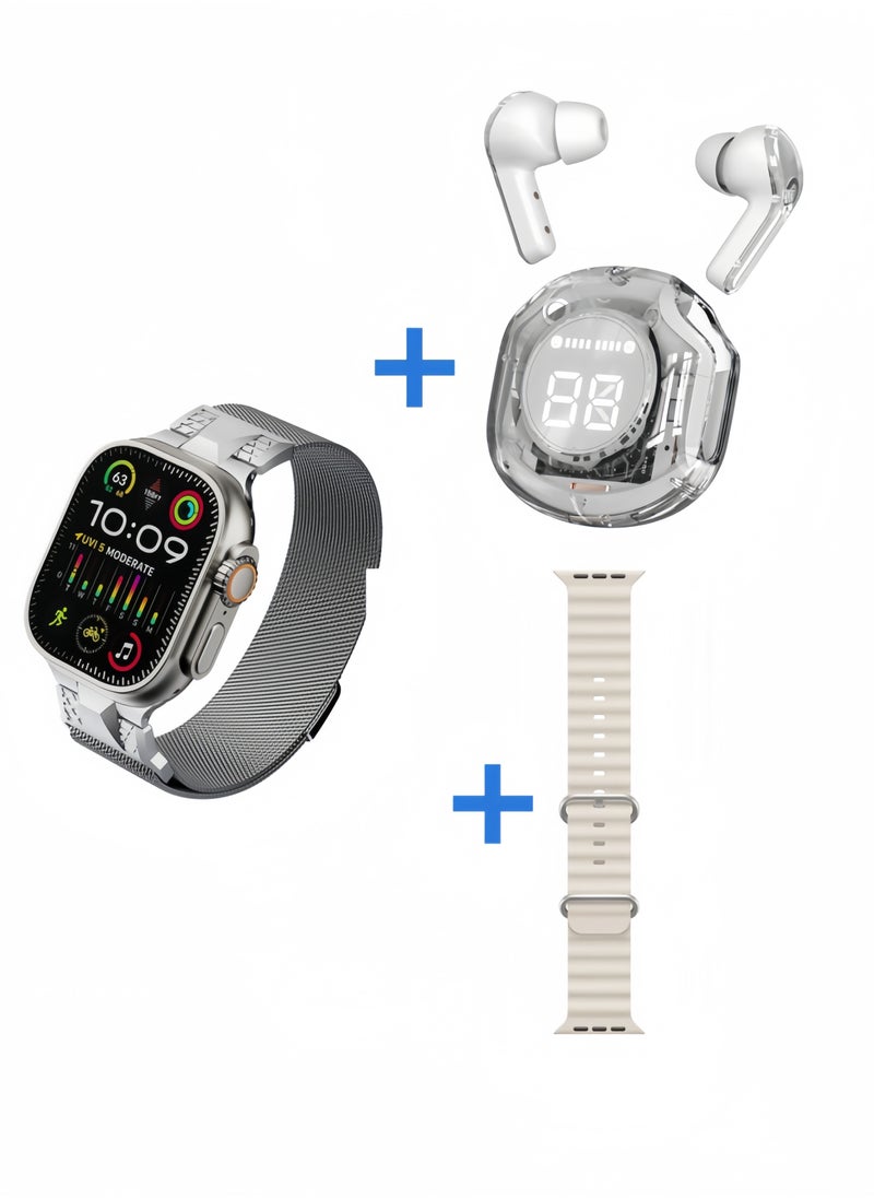 LESHP - The New 2.3 Large-Screen Bluetooth Calling, Heart-Rate Monitoring Smartwatch Comes With A Wireless Bluetooth Headset With A Milan Steel Band And A Silicone Band - Image 1