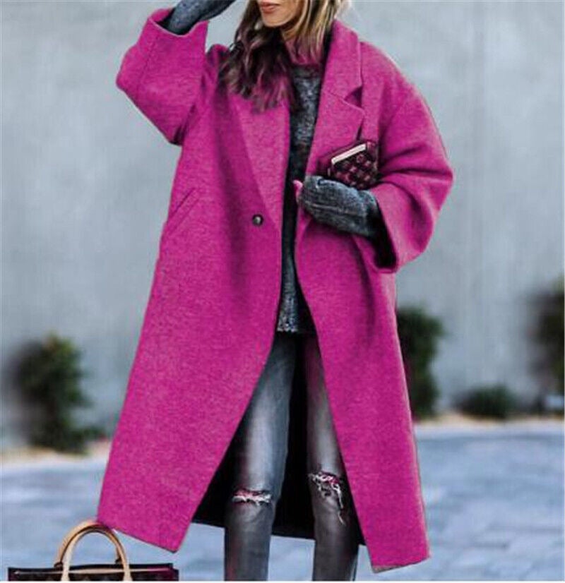 2025 New Autumn and Winter European and American Cross-Border Womens Clothing Amazon Casual Long Pure Color Warm Woolen Jacket Coat Rose Red 