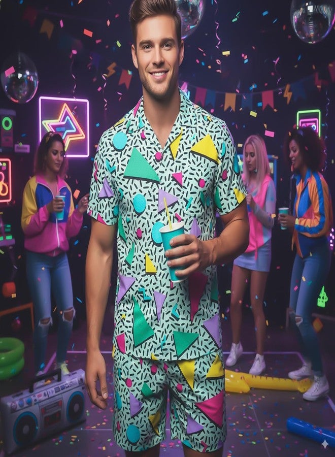 Artsadd 80s Outfit for Men 2 Piece Tracksuit Set Hawaiian Shirt and Shorts Button Down 90s Shirts Neon Outfit Beach Disco Party Costume Retro L - Image 2