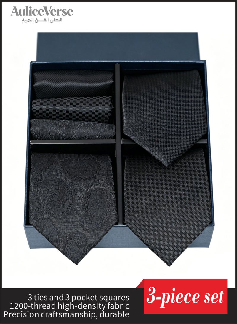 AuliceVerse Gift Set | 3 Grid Pattern Ties & 3 Pocket Squares in Black | Premium Suit Accessories Box - Image 1