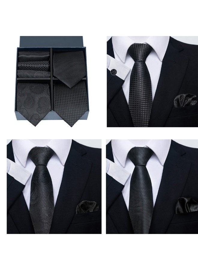 AuliceVerse Gift Set | 3 Grid Pattern Ties & 3 Pocket Squares in Black | Premium Suit Accessories Box - Image 2