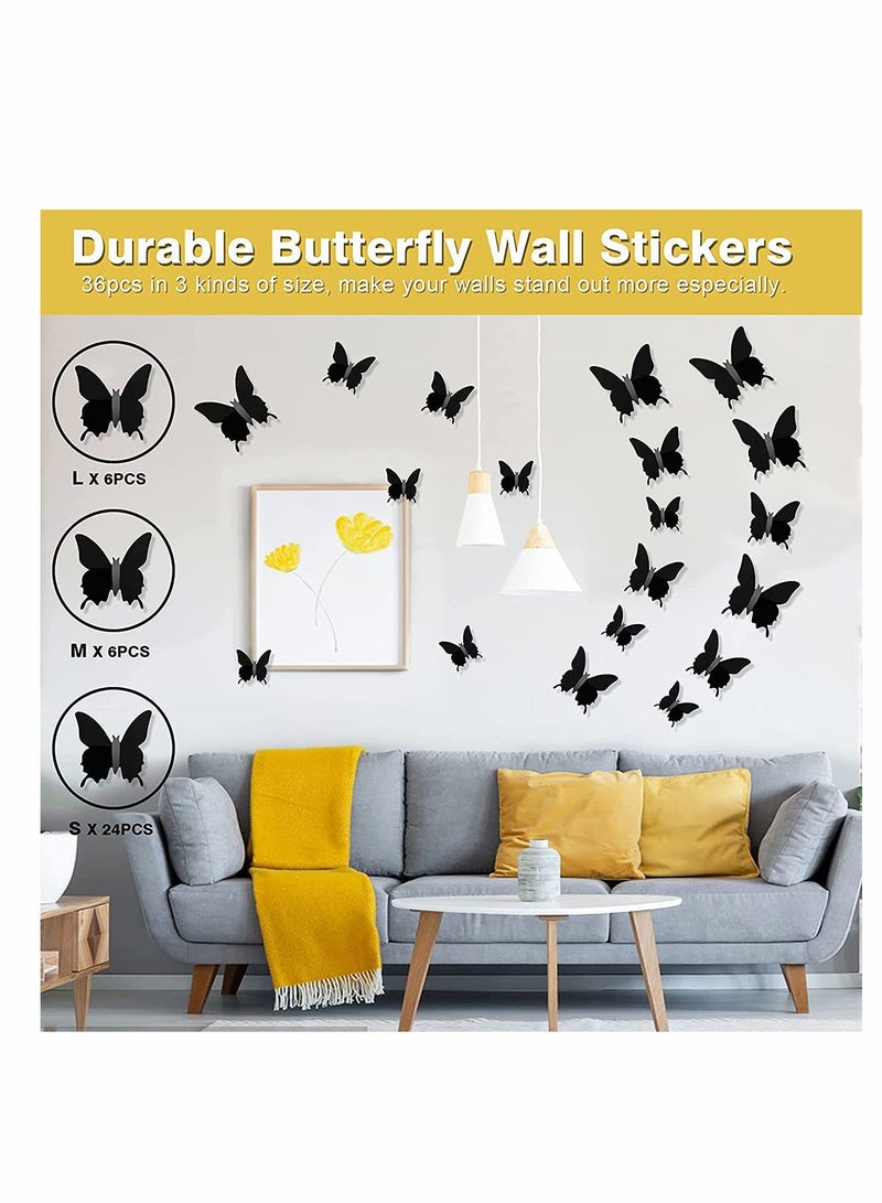 KASTWAVE Butterfly Wall Decoration Sticker, Bedroom Polished Wall Stickers by , 3 Sizes Durable DIY Decorations Wall Art for Living Room Home Party, 36 Pcs Black - Image 3