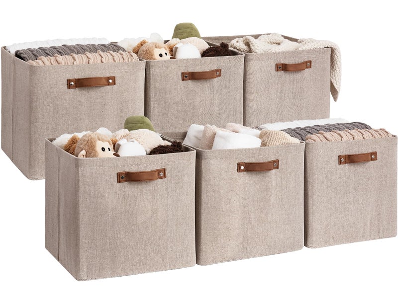 StorageWorks StorageWorks 13x13 Inches Storage Cube Fabric Storage Bins with PU Handles Collapsible Organizer Baskets for Closet Brown and Beige 6Pack