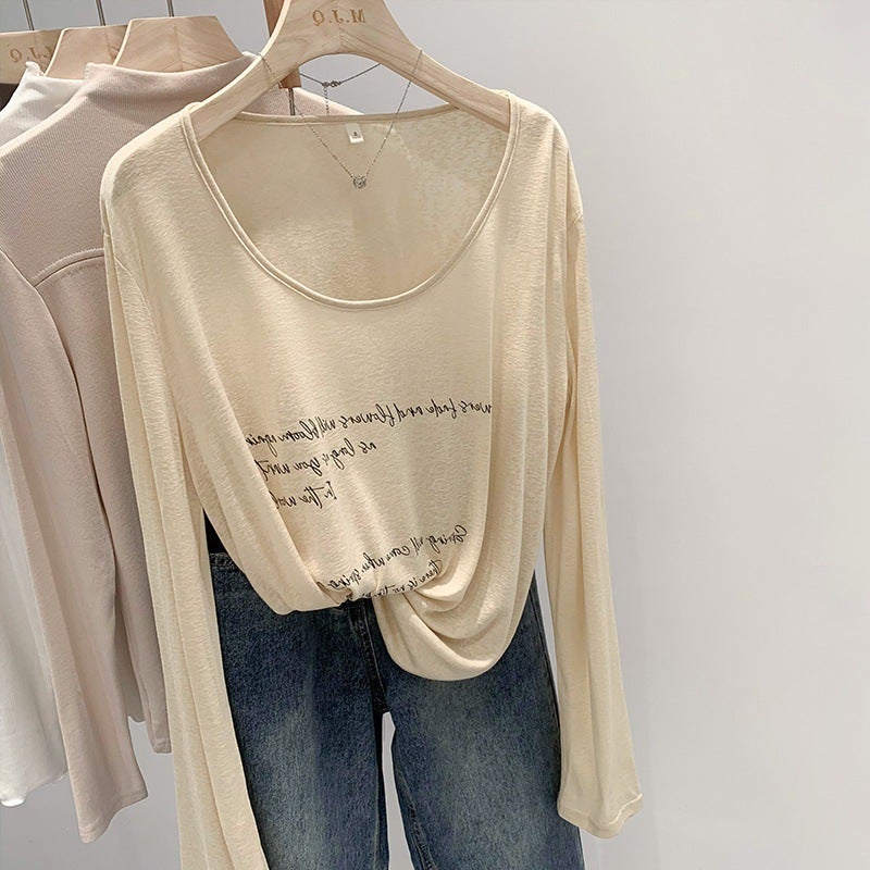 Real S Korean Style T-Shirt For Women 2024 Early Lazy Chic Thin Printed Sun Protection Blouse Loose Casual Long Sleeve - Image 2