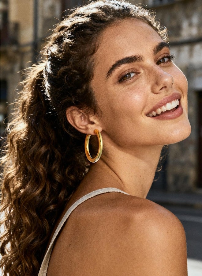 Bestyle 5mm Thick Large Gold Hoop Earrings Lightweight Chunky Hoop Earrings Hollow Tube Hypoallergenic Trendy Stainless Steel Eearrings for Women 40mm - Image 3