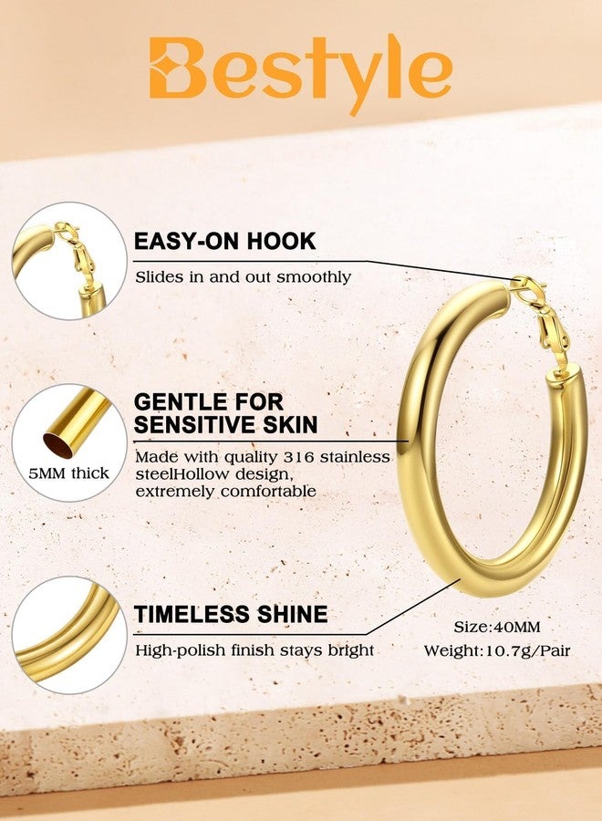 Bestyle 5mm Thick Large Gold Hoop Earrings Lightweight Chunky Hoop Earrings Hollow Tube Hypoallergenic Trendy Stainless Steel Eearrings for Women 40mm - Image 5