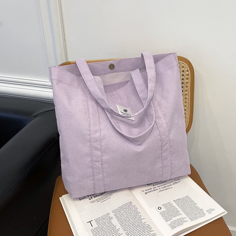 Lavender Corduroy Large Tote Bag for Women, Simple Vertical Stripe, Versatile Shoulder Handbag, Lightweight Durable Commute - Image 1