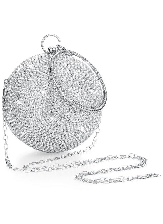 Saintrygo Disco Round Purse Silver Circle Ball Crystal Clutch Rhinestone Evening Tassel Women Handbags With Long Chain(Silver,Round Shape)  - Image 1