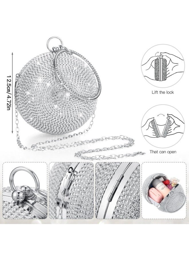 Saintrygo Disco Round Purse Silver Circle Ball Crystal Clutch Rhinestone Evening Tassel Women Handbags With Long Chain(Silver,Round Shape)  - Image 3