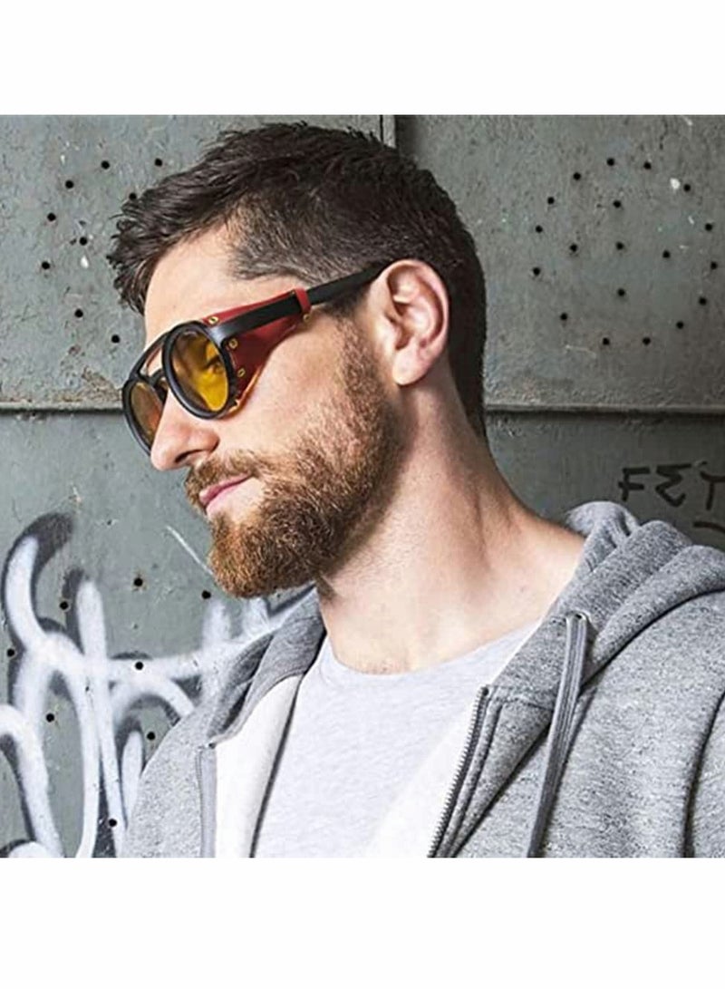 Zikra Round Steampunk Sunglasses for Women Men With Leather Side, UV400 Protection HD Lens, Vintage Eyewear Light Plastic Frame with Leatherwear - Image 4