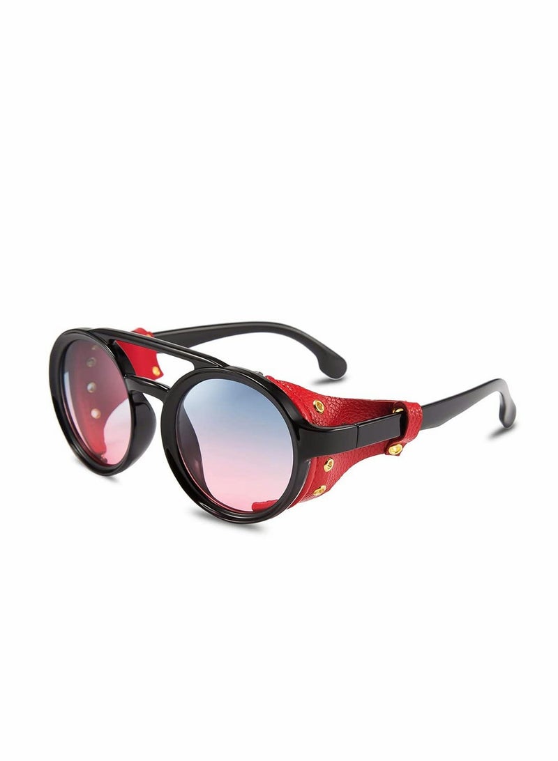 Zikra Round Steampunk Sunglasses for Women Men With Leather Side, UV400 Protection HD Lens, Vintage Eyewear Light Plastic Frame with Leatherwear - Image 1