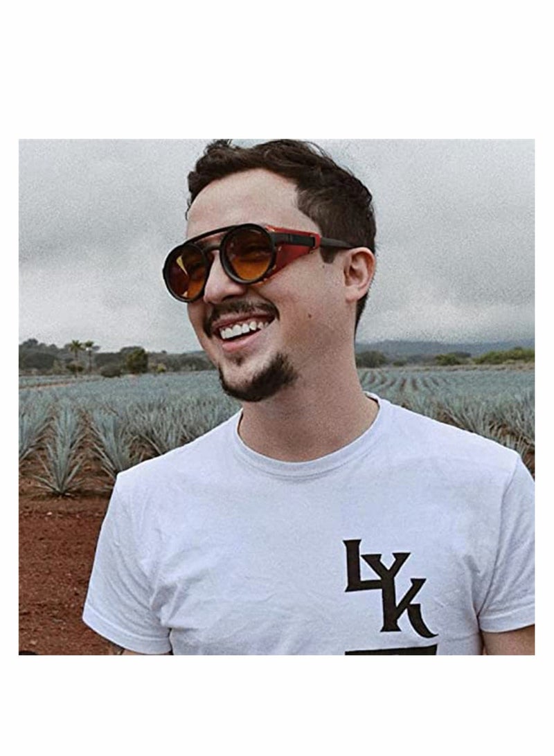 Zikra Round Steampunk Sunglasses for Women Men With Leather Side, UV400 Protection HD Lens, Vintage Eyewear Light Plastic Frame with Leatherwear - Image 3