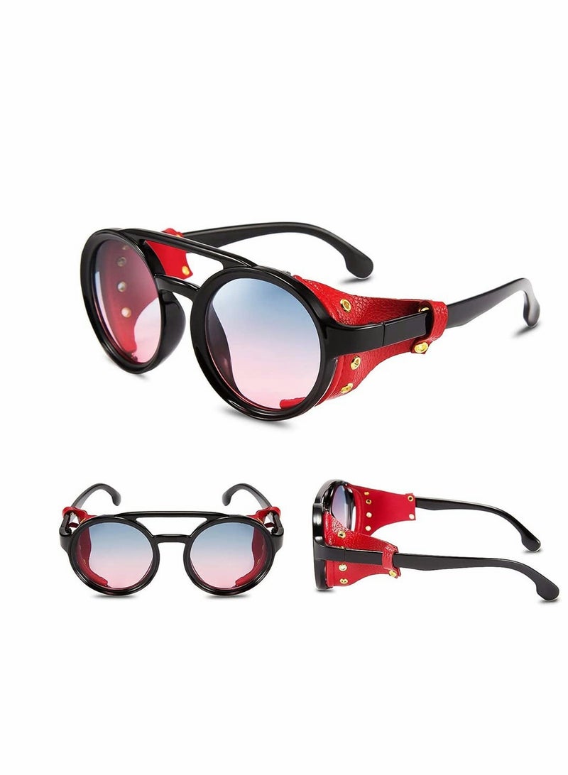 Zikra Round Steampunk Sunglasses for Women Men With Leather Side, UV400 Protection HD Lens, Vintage Eyewear Light Plastic Frame with Leatherwear - Image 2