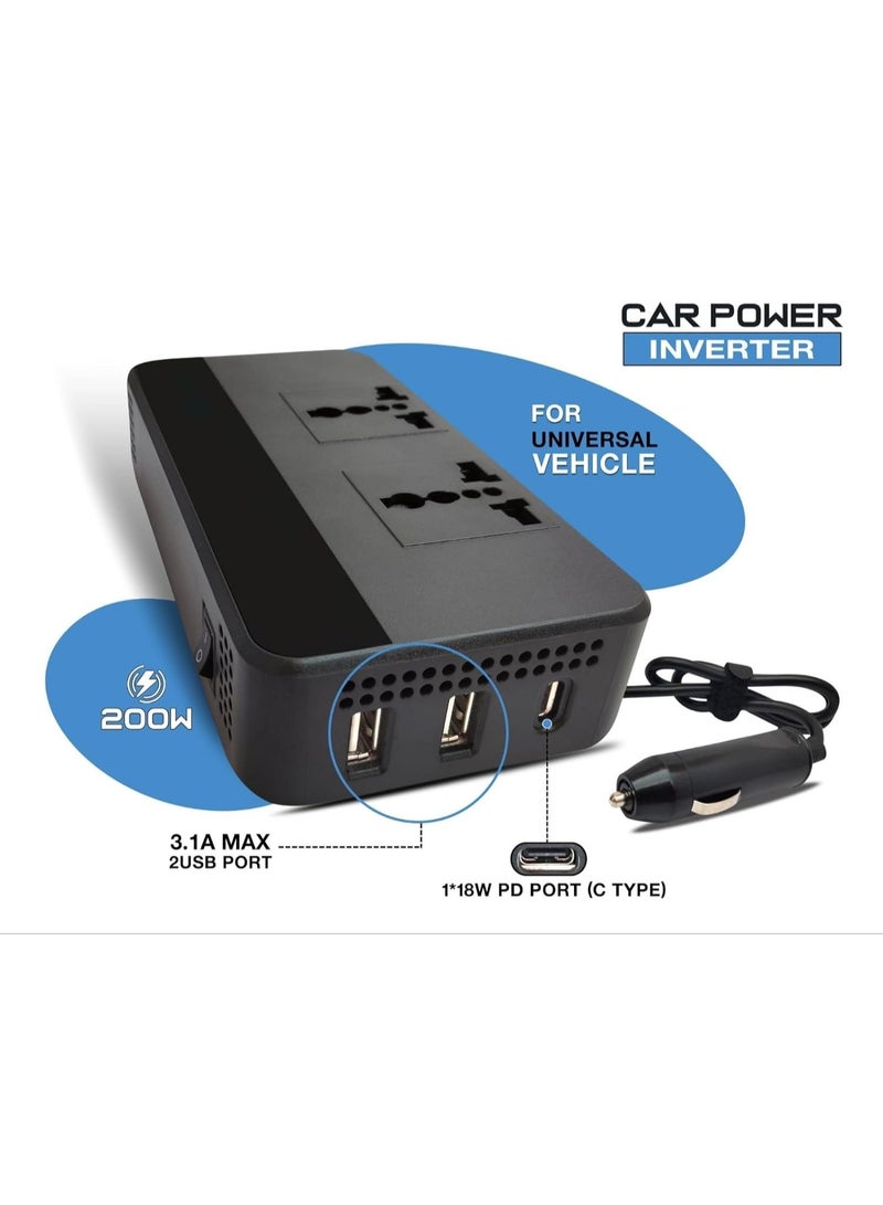 BlueFire 200W Car Power Inverter Charger – DC 12V to AC Converter with 2 USB-A Ports & 1 USB-C Port for Car, Travel & Emergency Use - Image 2