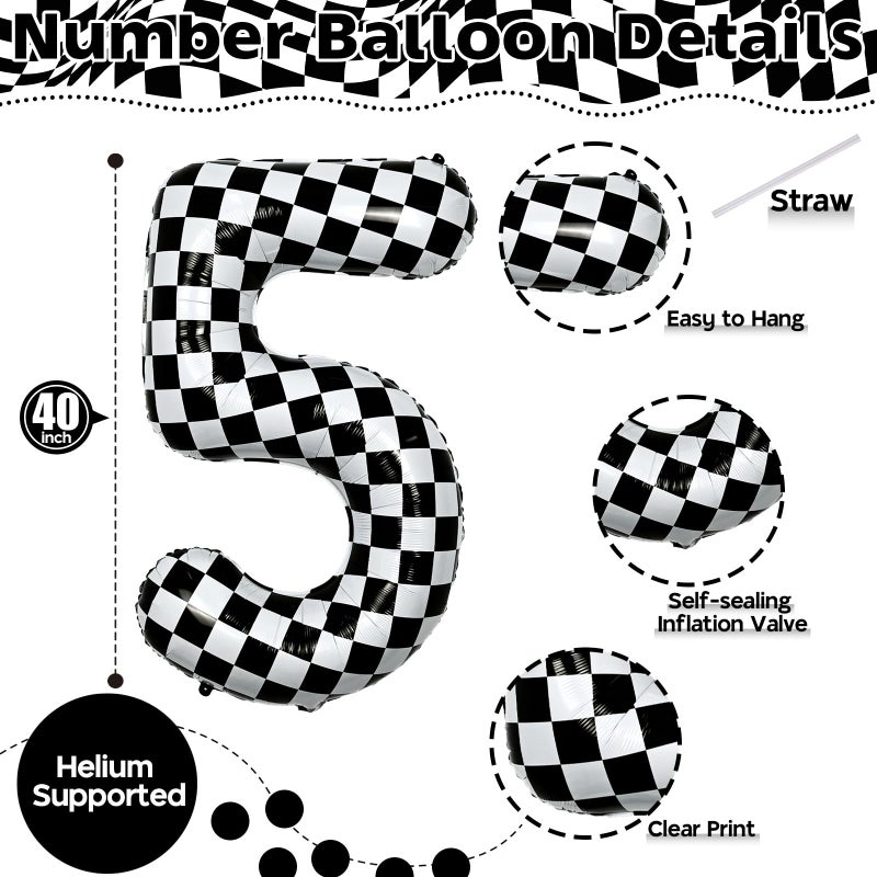 Isndare 40 Inch Checkered 5 Number Balloons, Large Foil Self Inflating 5th Birthday Racing Balloons Decor, Black and White Checkered 5 Ballons for Boys 5th Birthday Race Car Flag Party Decorations Supplies - Image 2