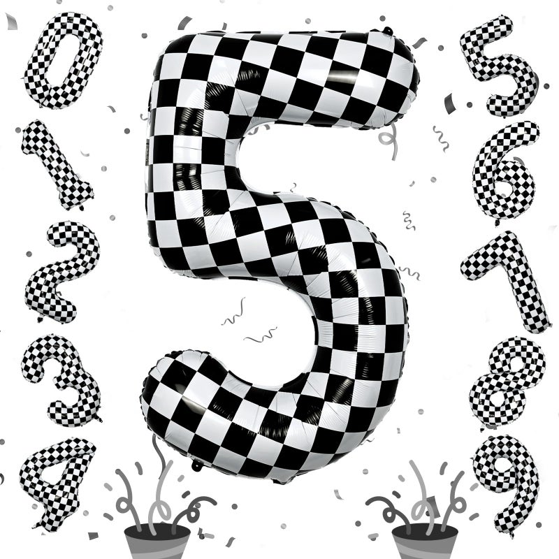 Isndare 40 Inch Checkered 5 Number Balloons, Large Foil Self Inflating 5th Birthday Racing Balloons Decor, Black and White Checkered 5 Ballons for Boys 5th Birthday Race Car Flag Party Decorations Supplies - Image 1
