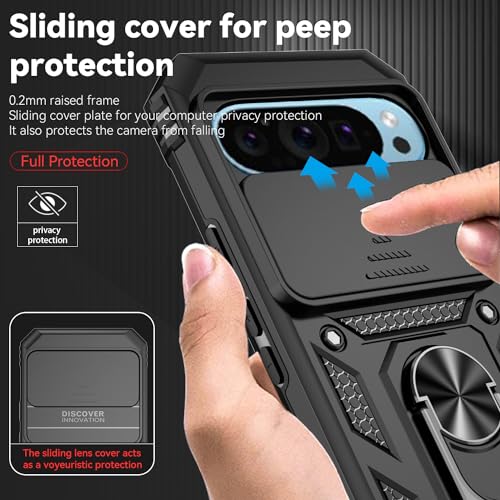 PUSHIMEI for Google Pixel 10 / Pixel 10 Pro Case: with Slide Camera Cover Screen Protector [Military Grade Drop Tested] Magnetic Ring Holder Kickstand Protective Phone Case for Google Pixel 9/9 Pro, Black - Image 4