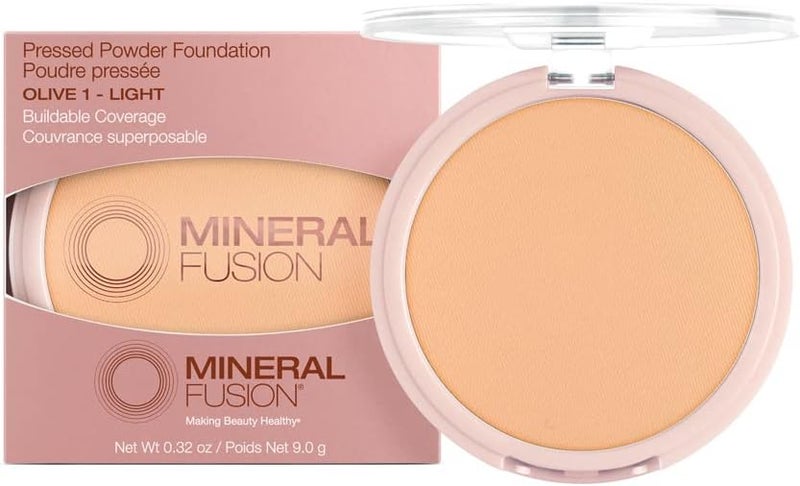 Mineral Fusion Pressed Powder Foundation - Olive 1 (Light) with Greenish Undertones, Age Defying Makeup, Talc Free, Hypoallergenic, 0.32 Oz - Image 1