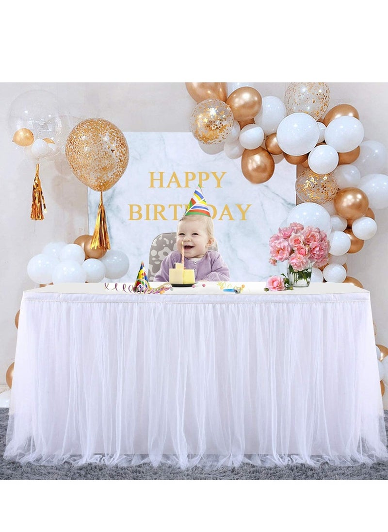 SYOSI - White Tulle Table Skirt for Rectangle or Round Tables, Tutu Table Skirt, Ruffle Table Cloth for Wedding Bridal Shower Baptism Birthday Party Christening Banquet Table Decorations (L6(ft), H 30In) - Image 1