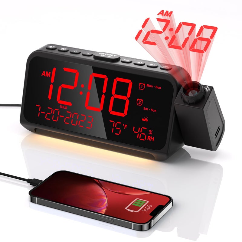 Projection Alarm Clock for BedroomDigital Clock with 350 Rotatable Projector5Level DimmerDual Alarm with WeekdayWeekend ModeAdjustable VolumeTempHumidityCalendarSnooze1224HNight Light