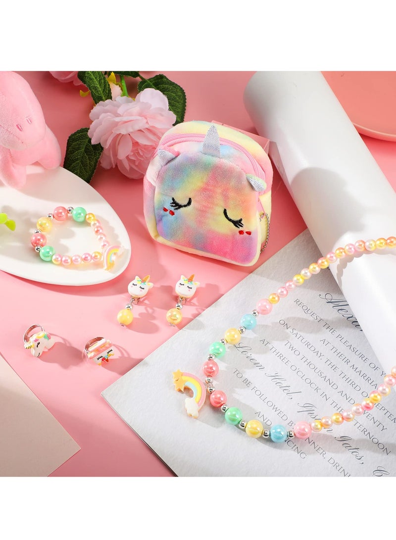 Excefore Unicorn Gift Set for Girls - Includes Plush Handbag, Necklace, Bracelet, Earrings & Rings - Rainbow Cartoon Unicorn Theme - Ideal for Dress Up & Birthday Party Favors - Image 5
