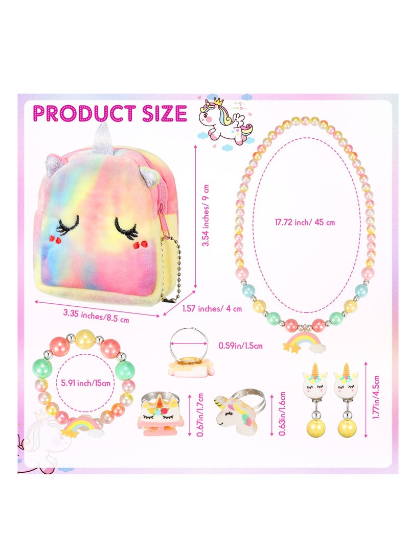 Excefore Unicorn Gift Set for Girls - Includes Plush Handbag, Necklace, Bracelet, Earrings & Rings - Rainbow Cartoon Unicorn Theme - Ideal for Dress Up & Birthday Party Favors - Image 2
