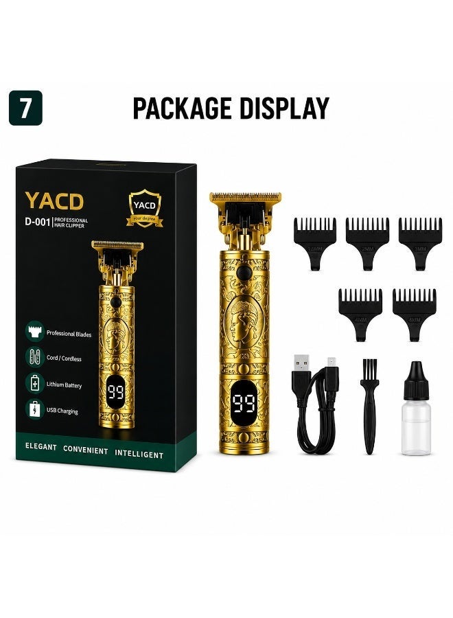 YACD D-001 Professional Hair Clipper, Cordless Rechargeable USB Hair Trimmer with LED Display, Gold - Image 3