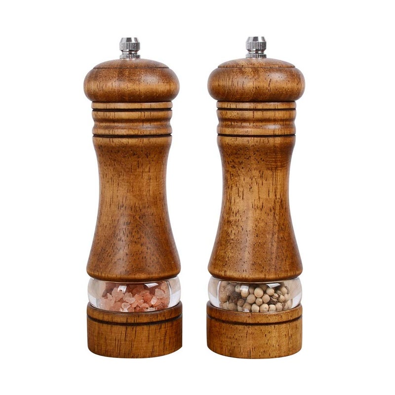 Haomacro Wood Salt and Pepper Grinder Set, Manual Mills with Acrylic Window, Adjustable Ceramic Grinding - 6.5inch, 2 Pack - Image 1