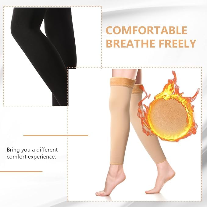 WKLOUYHE 2 Pairs Fleece Leg Warmers Women Over Knee Winter Thick Fleece Lining Elastic Socks for Winter Compression Socks (Black, Beige,Footless Style) - Image 3