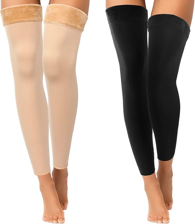 WKLOUYHE 2 Pairs Fleece Leg Warmers Women Over Knee Winter Thick Fleece Lining Elastic Socks for Winter Compression Socks (Black, Beige,Footless Style) - Image 1