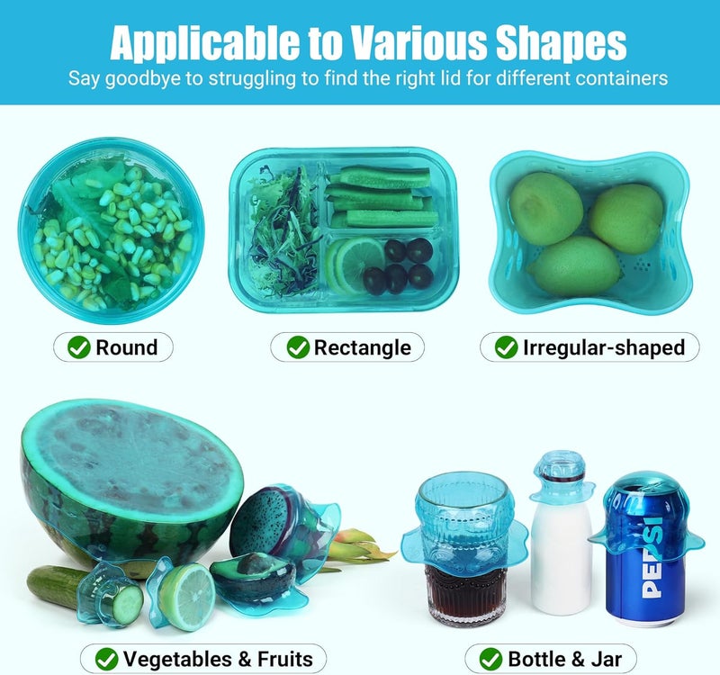 Rottogoon Silicone Stretch Lids for Food Storage in Fridge, Reusable Elastic Bowl Covers for Cup, Cans, Jars, Round & Rectangle Container, Food Grade Silicone Microwave Food Cover, Heat-Resistant, Blue, 6PCS - Image 3