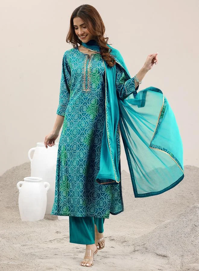 Blue Printed Viscose Straight Kurta, Trousers and Dupatta Set