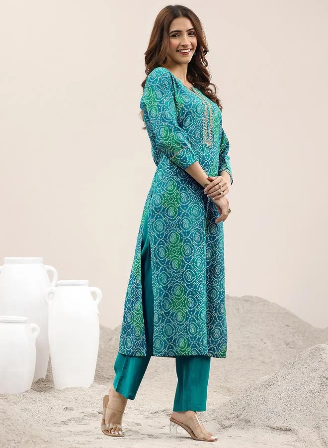 Libas  Blue Printed Viscose Straight Kurta, Trousers and Dupatta Set for Women | Best Price UAE