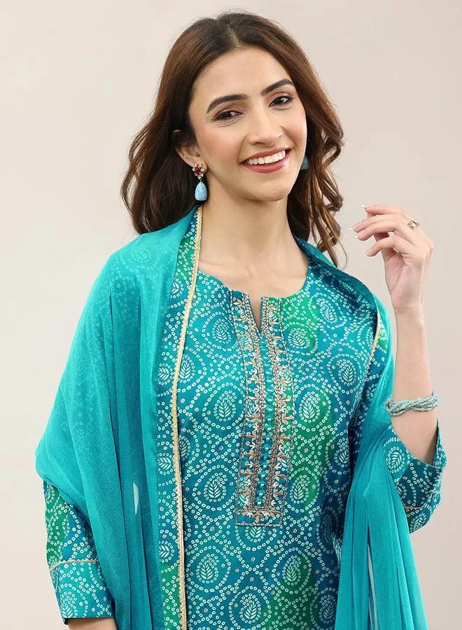 Libas  Blue Printed Viscose Straight Kurta, Trousers and Dupatta Set for Women | Best Price UAE