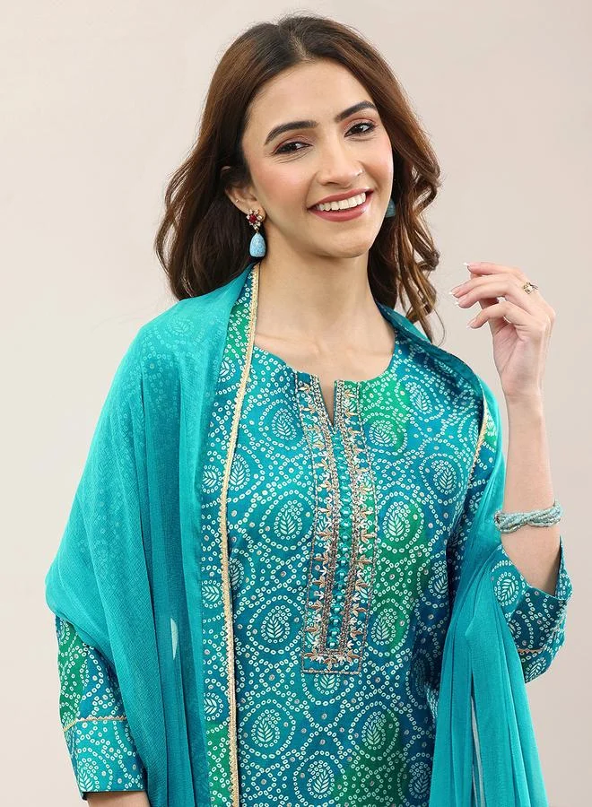 Libas Blue Printed Viscose Straight Kurta, Trousers and Dupatta Set