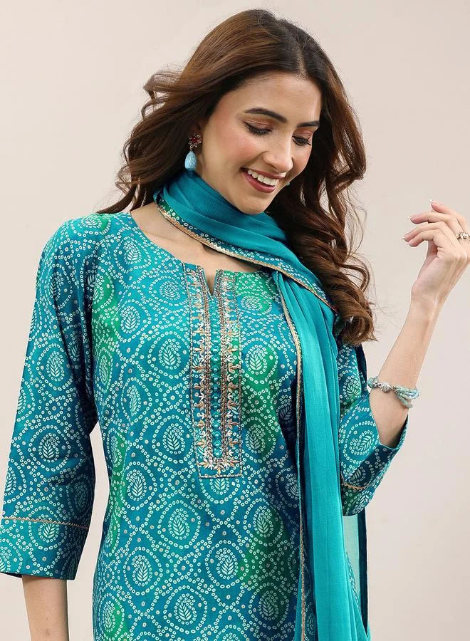 Libas  Blue Printed Viscose Straight Kurta, Trousers and Dupatta Set for Women | Best Price UAE