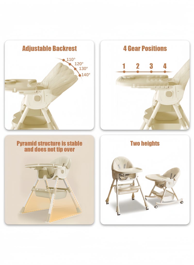 GGEROU Baby High Chair, High Chairs for Babies and Toddlers, 5 in 1 Foldable Travel High Chair with Foot Rest, Double Removable Tray, Adjustable Height & Recline, Detachable PU Cushion, Locking Wheels - Image 3