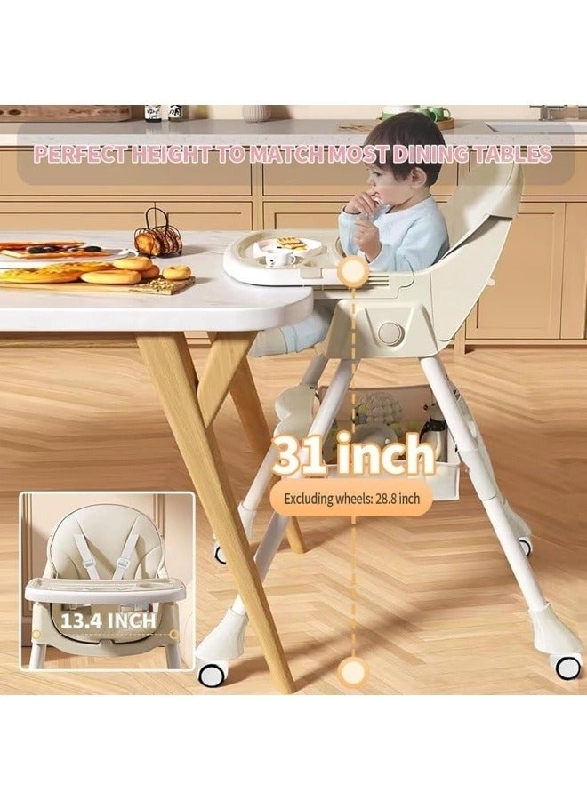 GGEROU Baby High Chair, High Chairs for Babies and Toddlers, 5 in 1 Foldable Travel High Chair with Foot Rest, Double Removable Tray, Adjustable Height & Recline, Detachable PU Cushion, Locking Wheels - Image 5