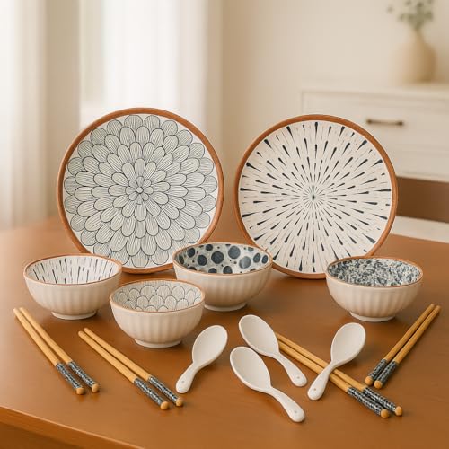 Agabani Japanese Asian Cuisine Dinner Set, Bowls Serving for Pasta, Salad, Noodle, Dessert, Oatmeal, Rice, Soup Porcelain Bowls for Kitchen, Dinner Bowl Set of 14(2plate+4bowl+4spoon+4chopsticks) - Image 1
