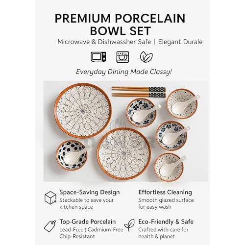 Agabani Japanese Asian Cuisine Dinner Set, Bowls Serving for Pasta, Salad, Noodle, Dessert, Oatmeal, Rice, Soup Porcelain Bowls for Kitchen, Dinner Bowl Set of 14(2plate+4bowl+4spoon+4chopsticks) - Image 5